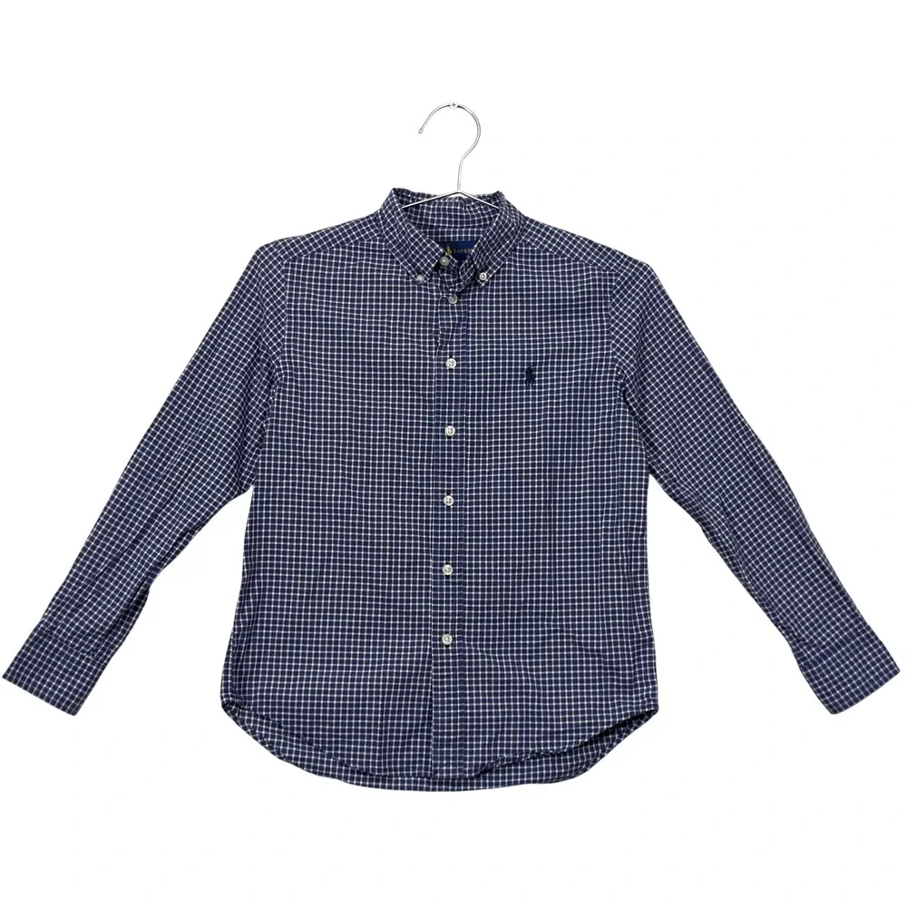 Ralph Lauren Button Up Boys Medium 10-12 Blue Plaid Shirt Long Sleeve Cotton